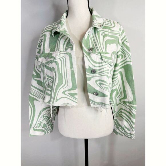 Signature Eight Cotton Green & White Swirl Print Cropped Jacket Women Medium NWT - Picture 1 of 9